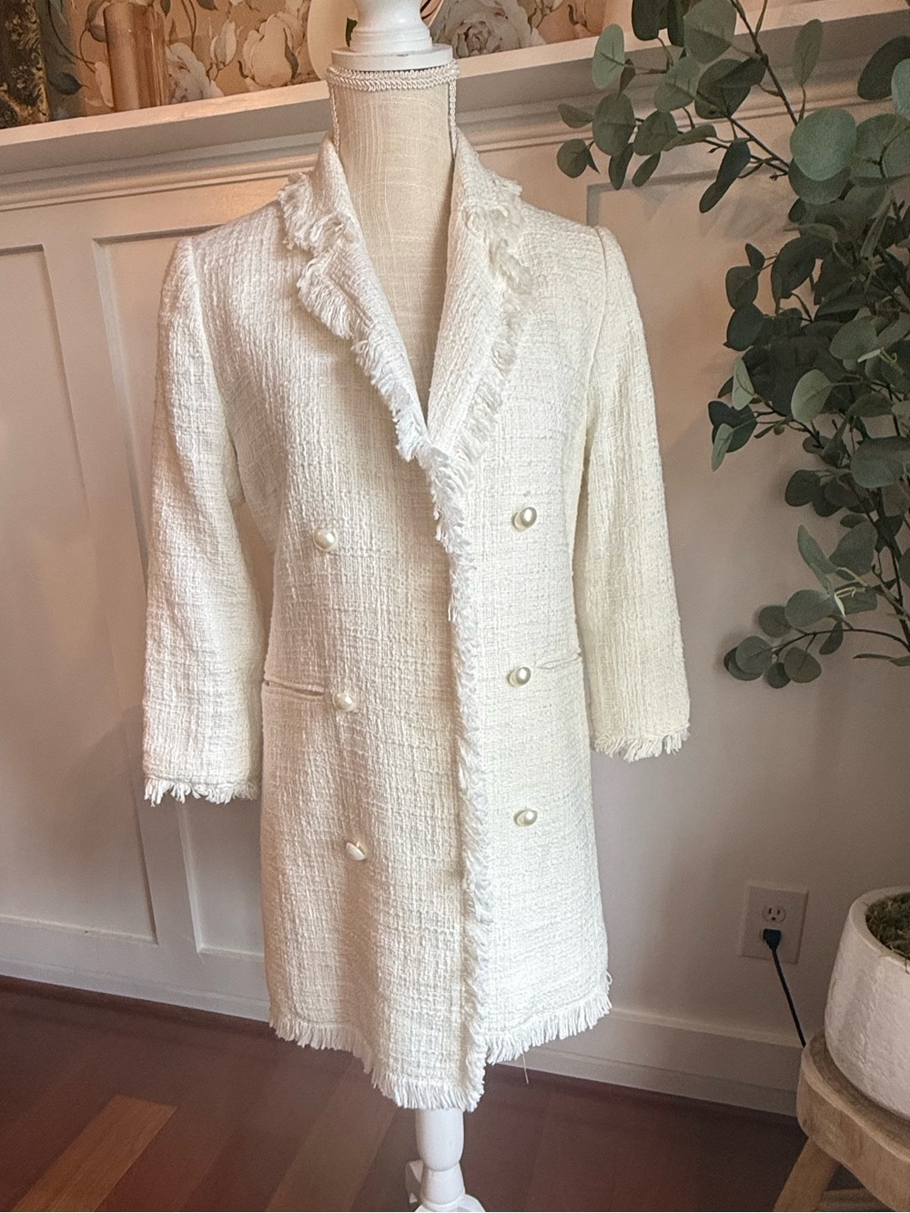 Dalia Cream Fringed Tweed Double-Breasted Coat